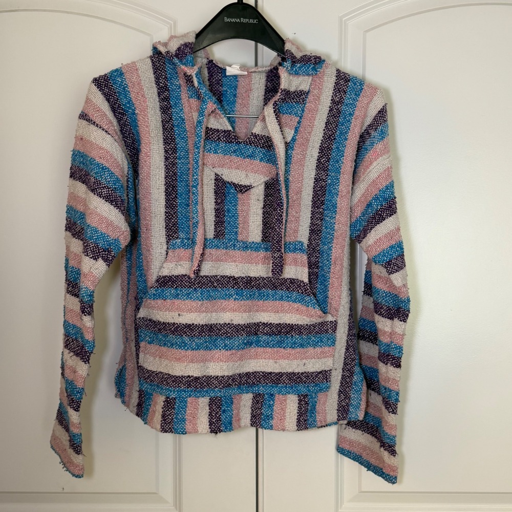 Delmex Mexican Baja Hoodie Striped Pink Blue Purple Jerga Pullover Small